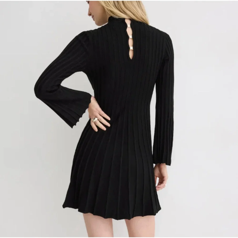Maje Black Ribbed Knit Mini Dress SMALL Career Fit Flare Long Bell Sleeve $300 - Picture 2 of 13